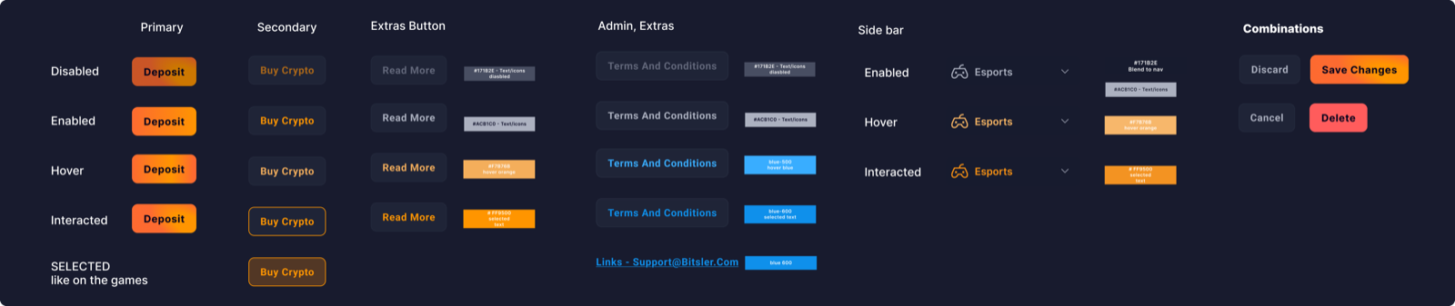 Bitsler design system components: buttons, links and sidebar states