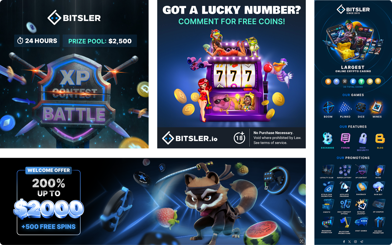Grid of Bitsler promotional banners and campaign creative