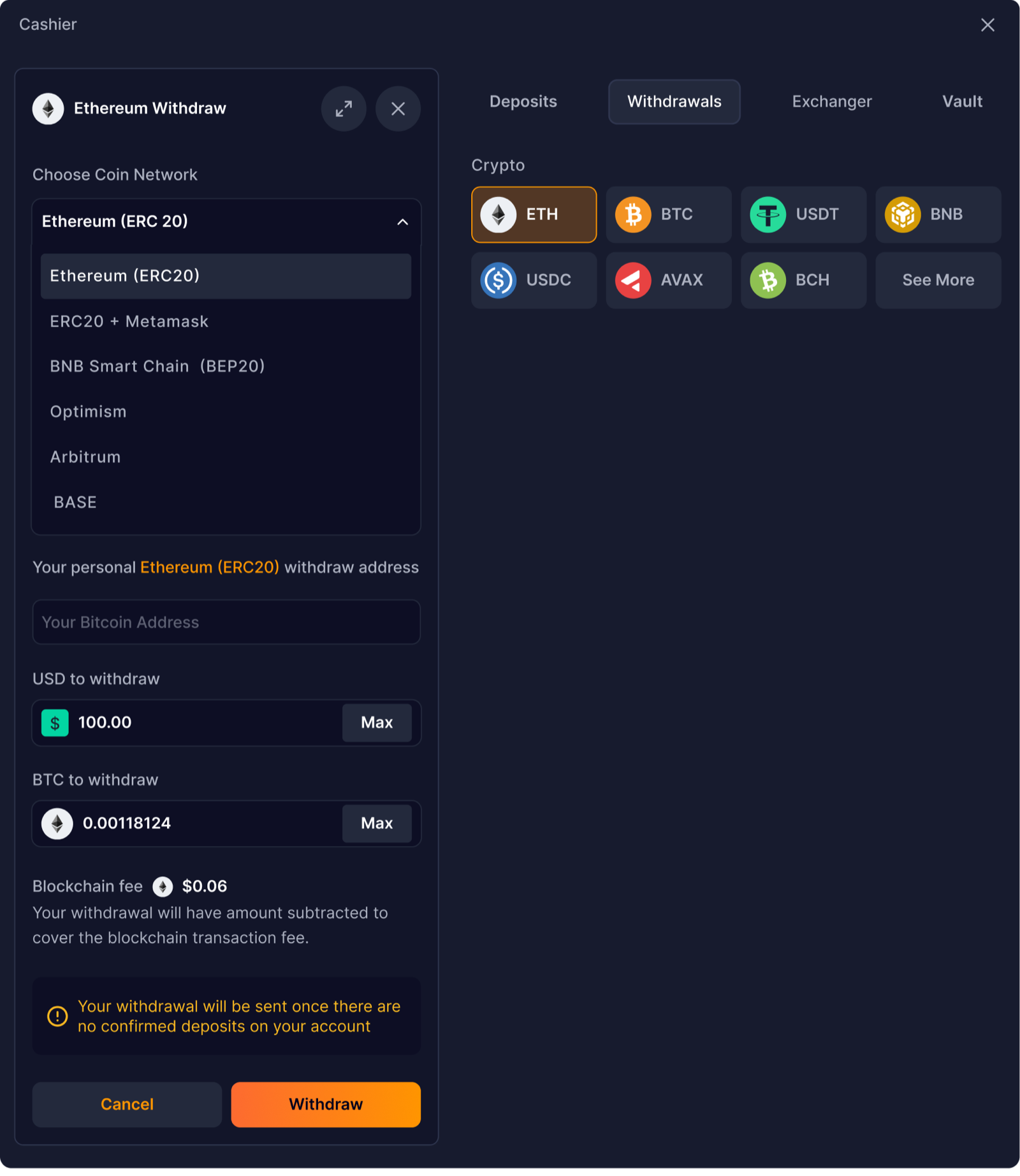 New Bitsler withdrawal flow