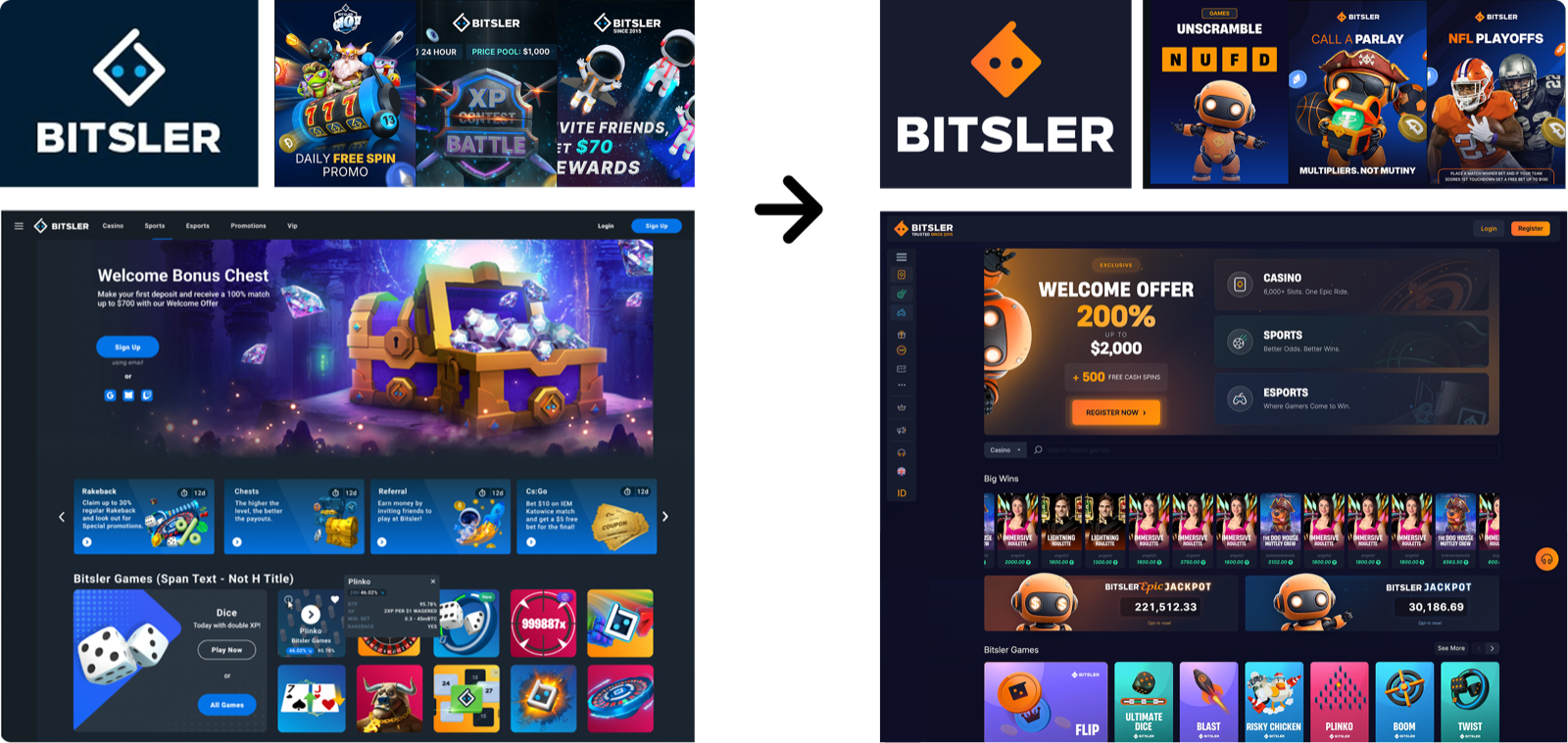 Bitsler brand comparison, old blue identity next to the new orange identity